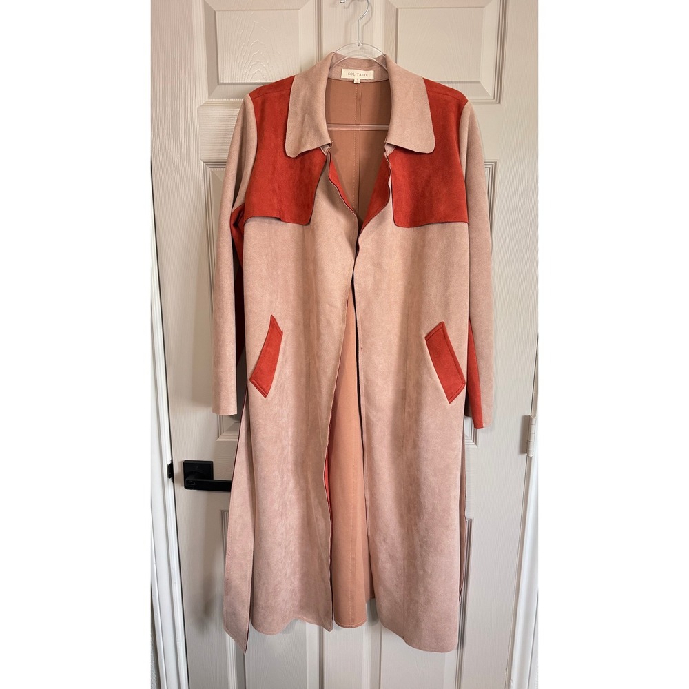 Solitaire Womens Faux Suede Duster Coat Tan Rust Orange Size L Belted Trench